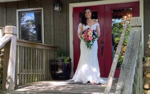 happy bride standing at the overlook inn